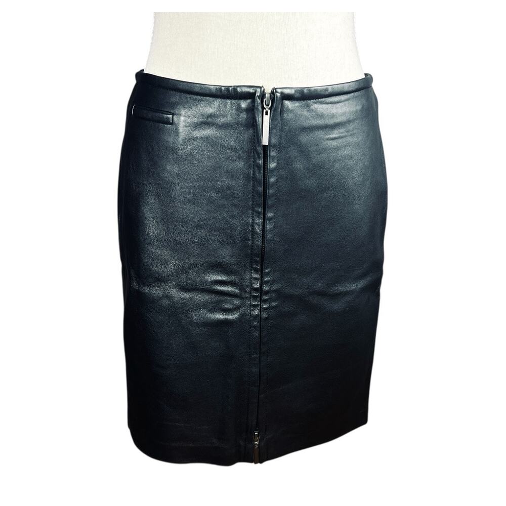 Express Genuine Leather Zip Front Mini Skirt Black 90s Y2K Office Siren Size 3/4 - Picture 7 of 8